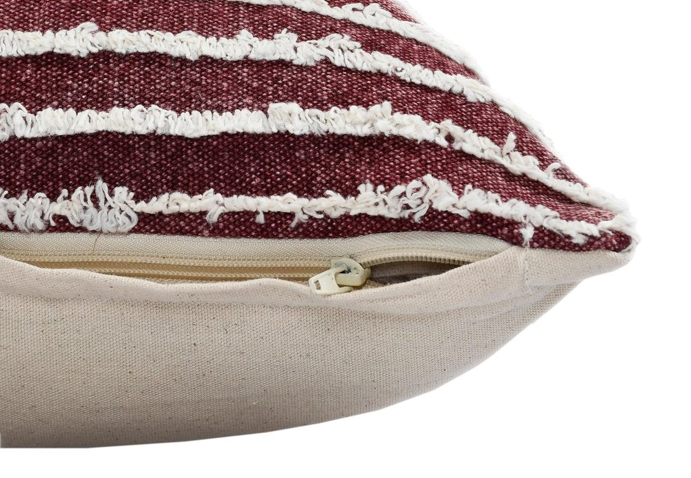 20" Merlot And Off White Cotton Striped Throw Pillow