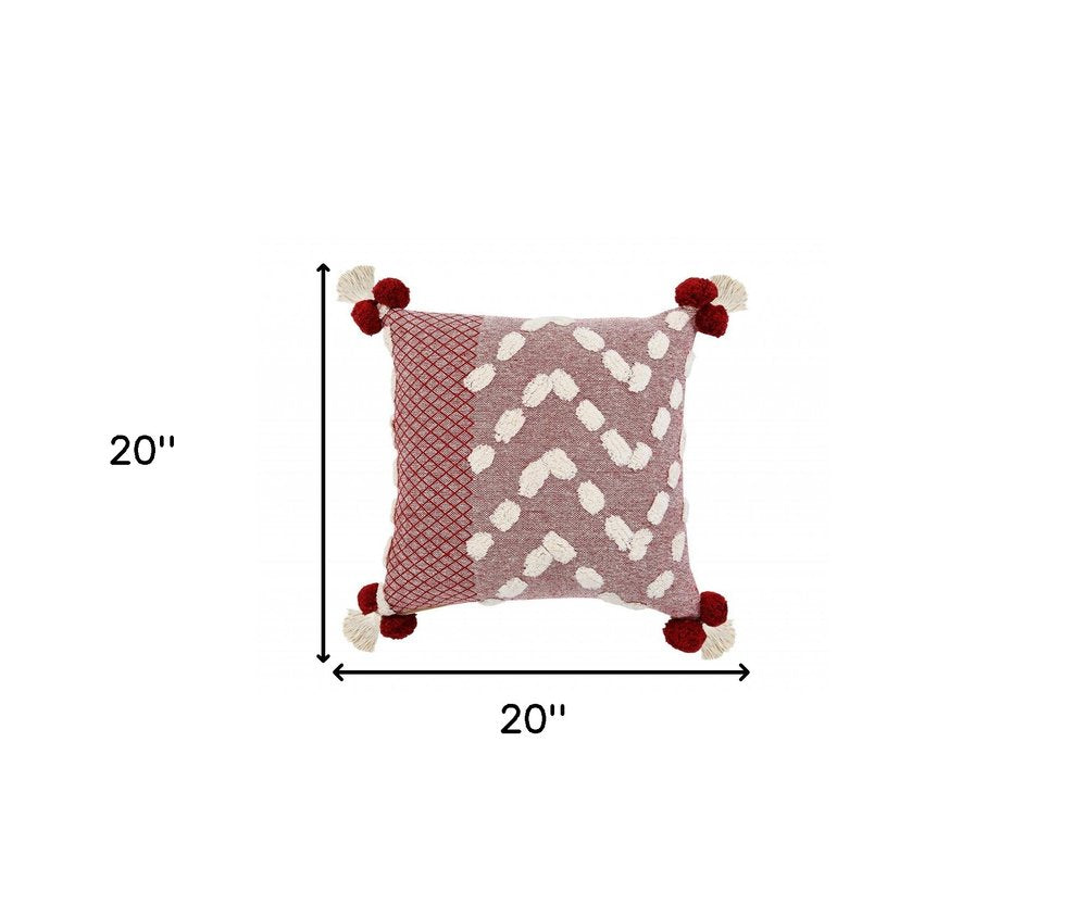 20" Black Gray And Cream Cotton Geometric Throw Pillow with Pompoms