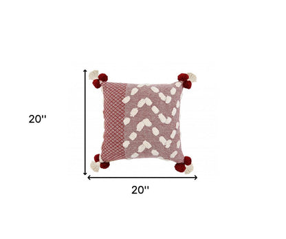 20" Black Gray And Cream Cotton Geometric Throw Pillow with Pompoms