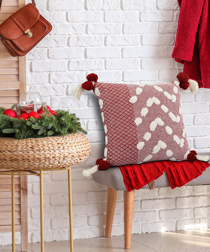 20" Black Gray And Cream Cotton Geometric Throw Pillow with Pompoms