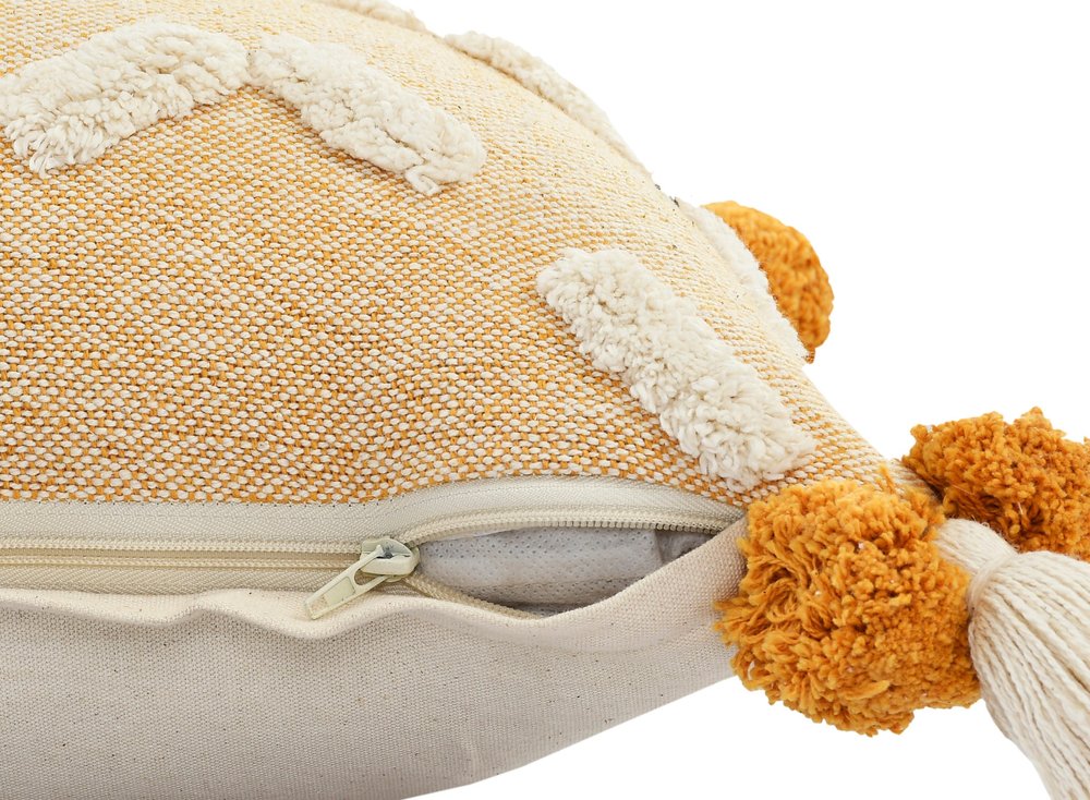 20" Black Gray And Cream Cotton Geometric Throw Pillow with Pompoms