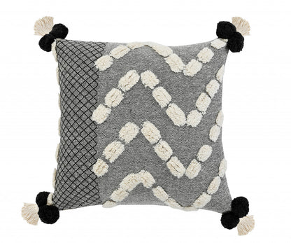 20" X 20" Black Gray And Cream 100% Cotton Geometric Zippered Pillow