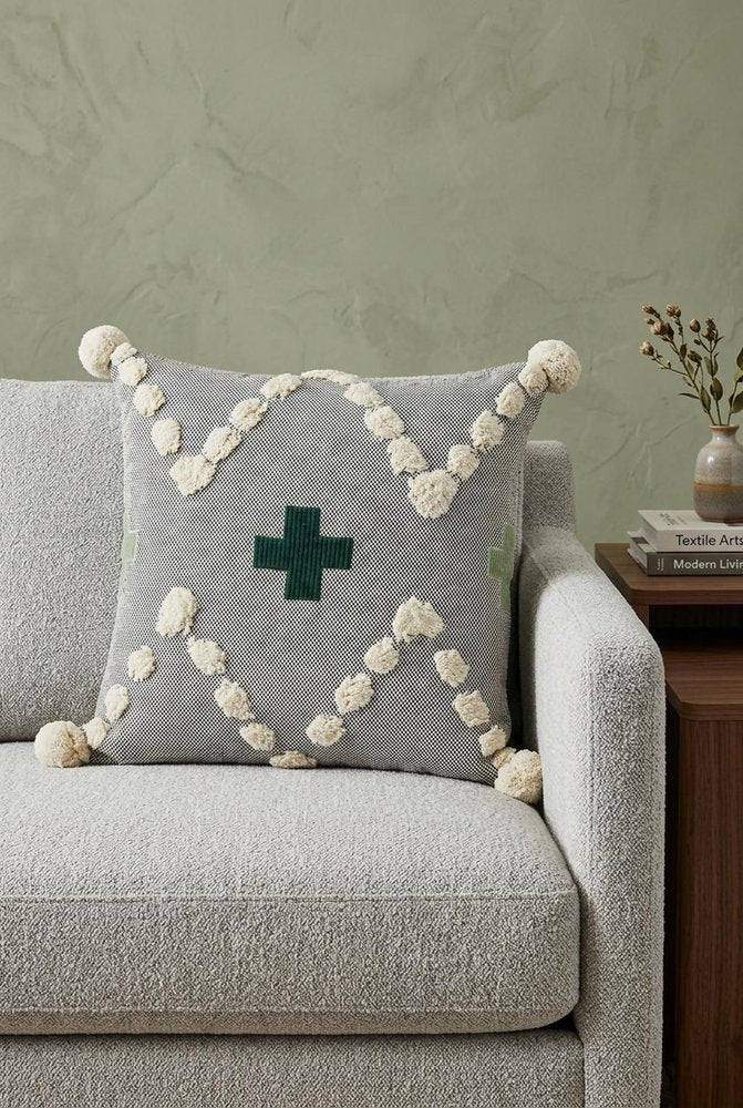 20" X 20" Black Off-White And Green 100% Cotton Geometric Zippered Pillow