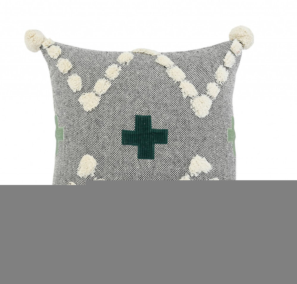 20" X 20" Black Off-White And Green 100% Cotton Geometric Zippered Pillow