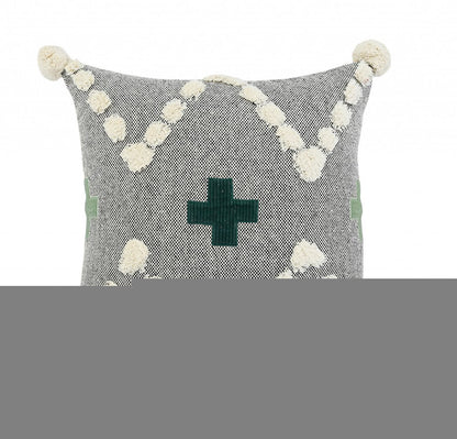 20" X 20" Black Off-White And Green 100% Cotton Geometric Zippered Pillow
