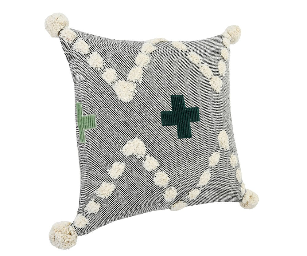 20" X 20" Black Off-White And Green 100% Cotton Geometric Zippered Pillow