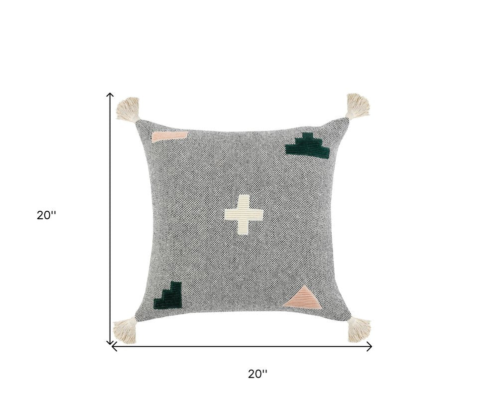 20" X 20" Black Off-White Pink And Green 100% Cotton Geometric Zippered Pillow