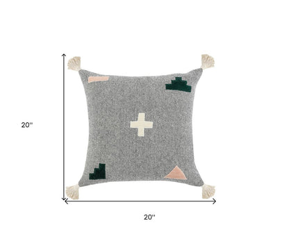 20" X 20" Black Off-White Pink And Green 100% Cotton Geometric Zippered Pillow
