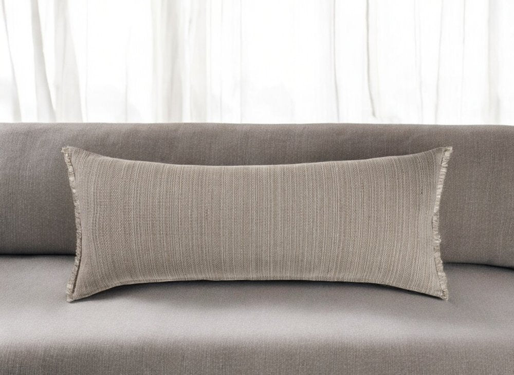 14" X 36" Tan Linen Throw Pillow with Fringe