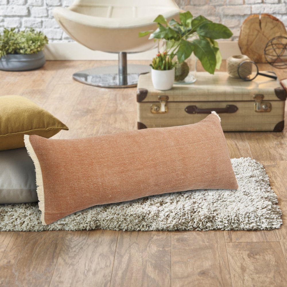 14" X 36" Gray Cotton Throw Pillow with Fringe