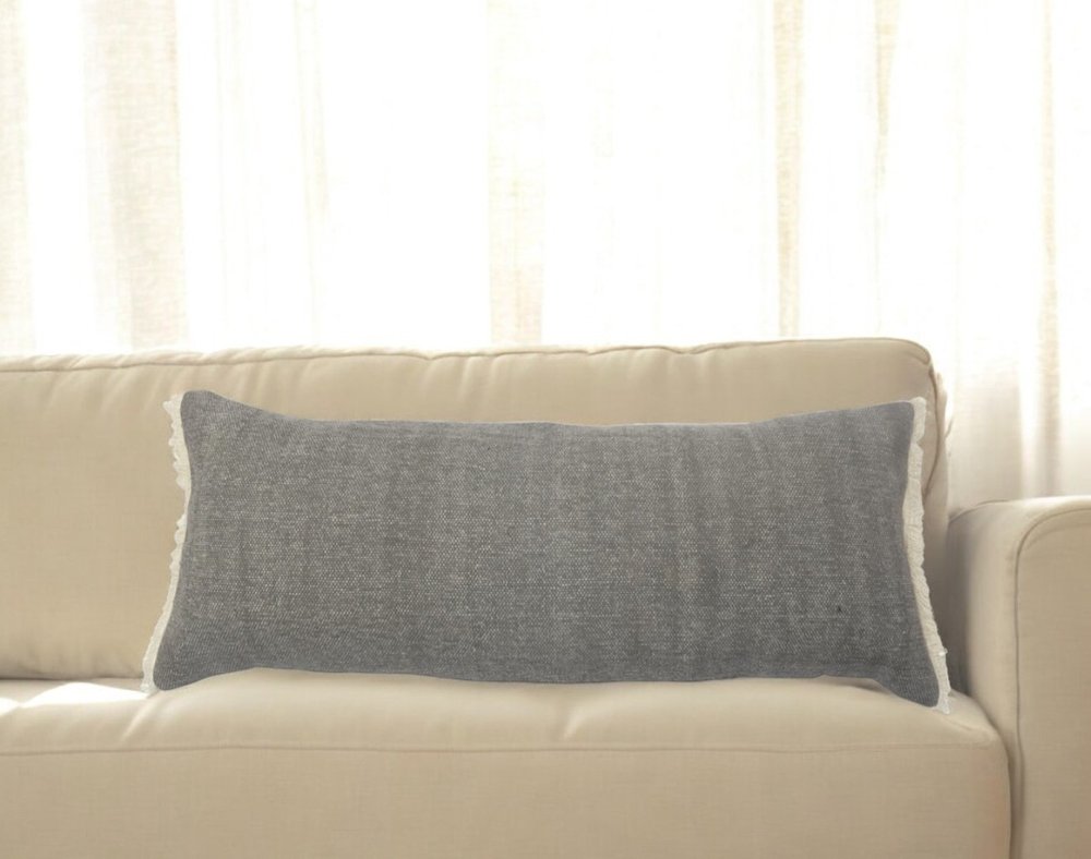 14" X 36" Gray Cotton Throw Pillow with Fringe