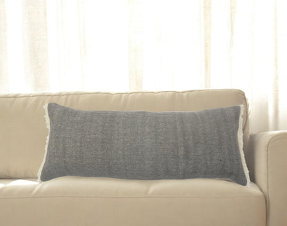 14" X 36" Gray Cotton Throw Pillow with Fringe