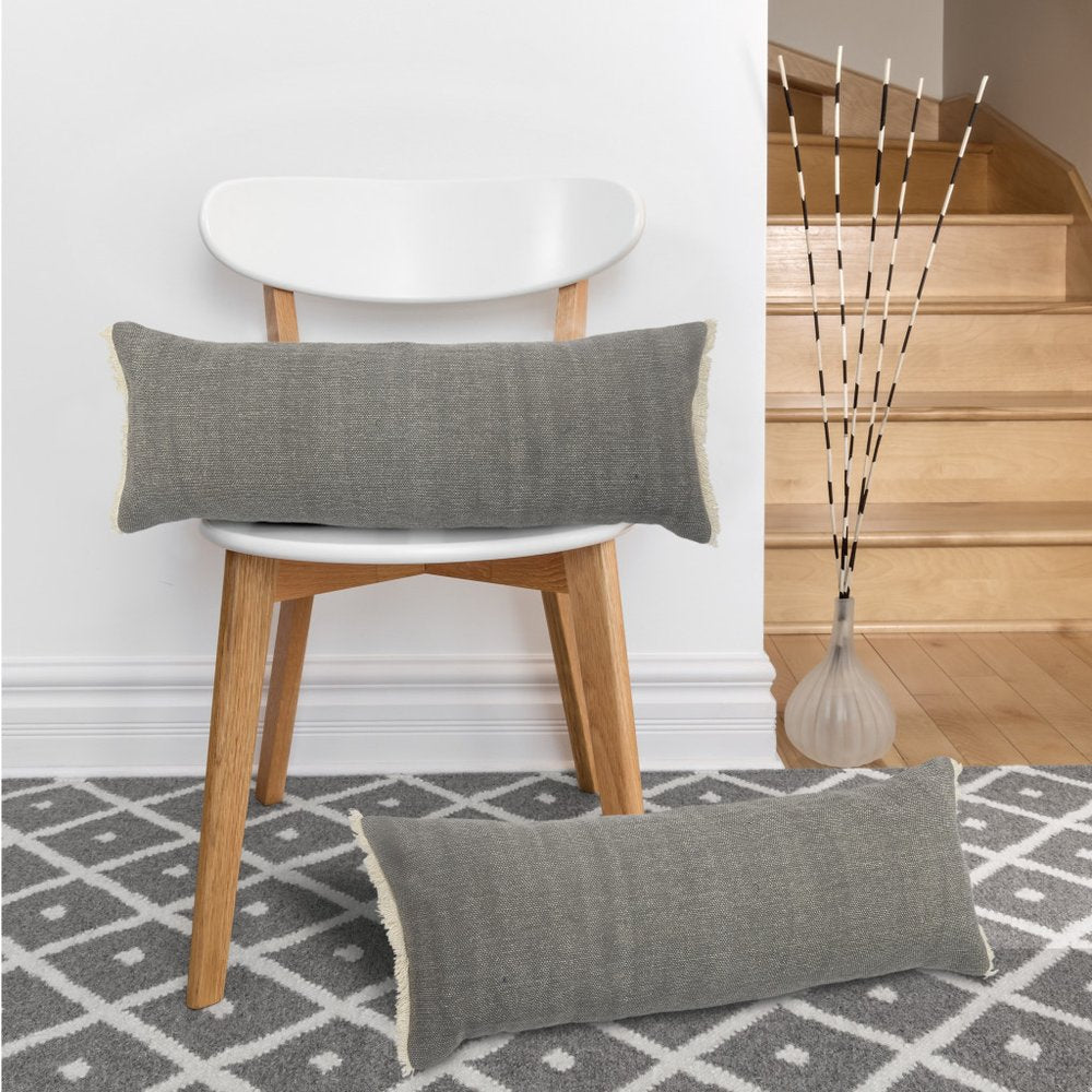 14" X 36" Gray Cotton Throw Pillow with Fringe