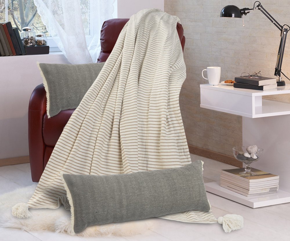 14" X 36" Gray Cotton Throw Pillow with Fringe