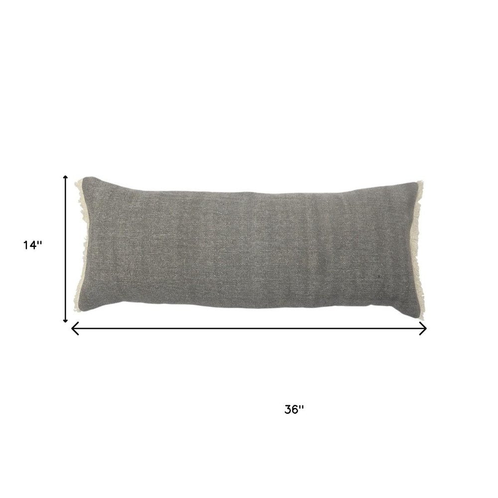 14" X 36" Gray Cotton Throw Pillow with Fringe
