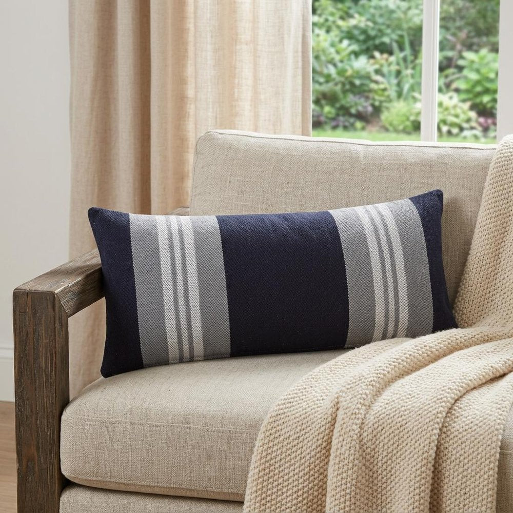 14" X 36" Beige and Gray Lumbar Throw Pillow