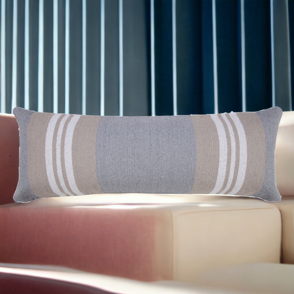 14" X 36" Beige and Gray Lumbar Throw Pillow