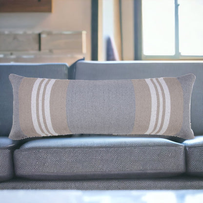 14" X 36" Beige and Gray Lumbar Throw Pillow