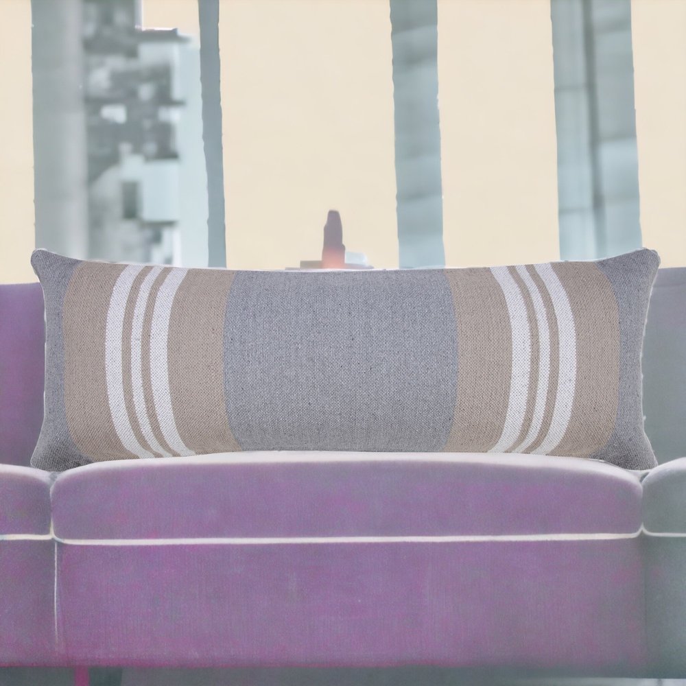 14" X 36" Beige and Gray Lumbar Throw Pillow