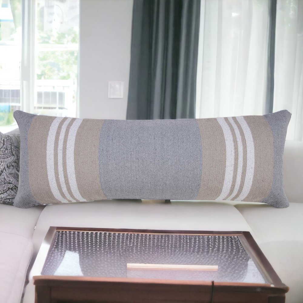 14" X 36" Beige and Gray Lumbar Throw Pillow