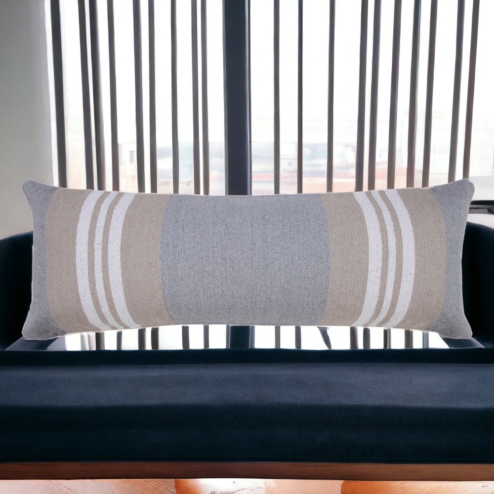 14" X 36" Beige and Gray Lumbar Throw Pillow