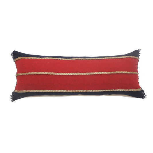 14" X 36" Red Navy And Tan 100% Cotton Striped Zippered Pillow