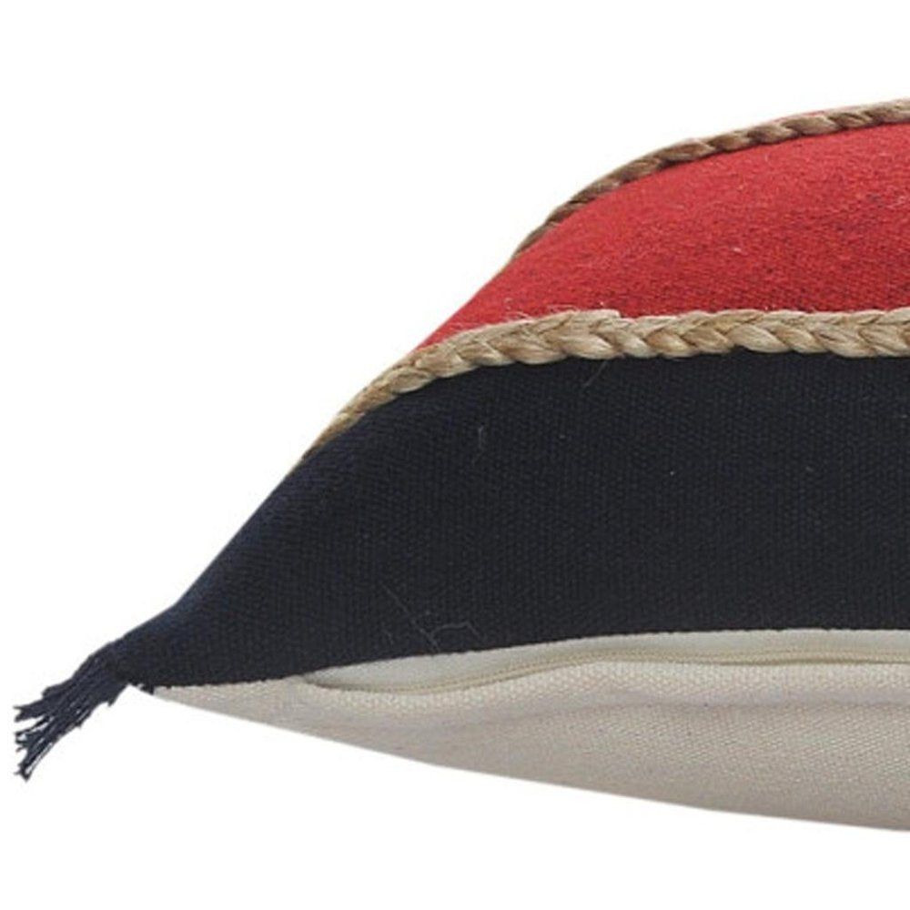 14" X 36" Red Navy And Tan 100% Cotton Striped Zippered Pillow