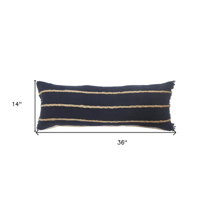 14" X 36" Navy Blue And Tan Cotton Striped Throw Pillow with Fringe