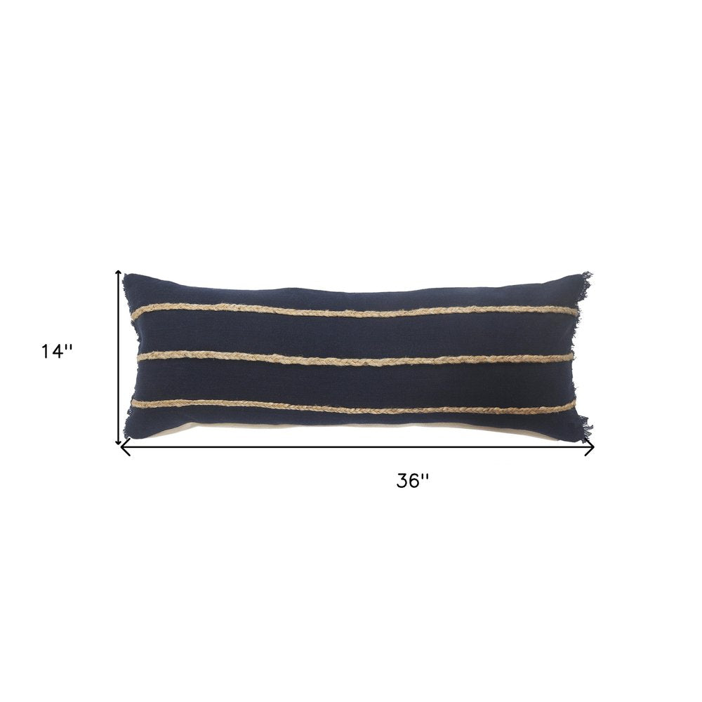 14" X 36" Navy Blue And Tan Cotton Striped Throw Pillow with Fringe