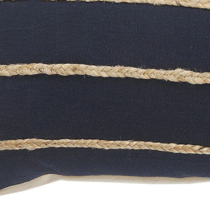 14" X 36" Navy Blue And Tan Cotton Striped Throw Pillow with Fringe
