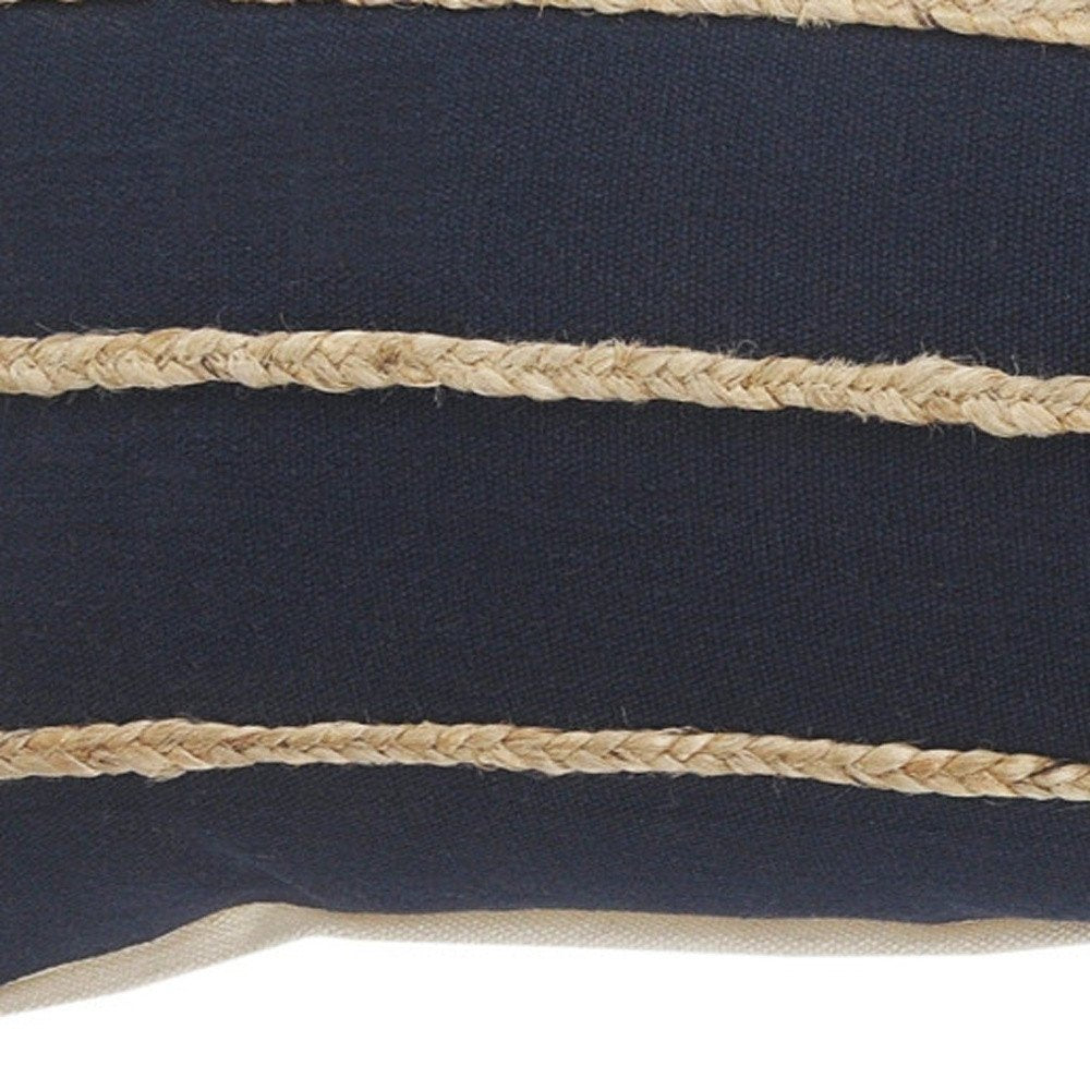 14" X 36" Navy Blue And Tan Cotton Striped Throw Pillow with Fringe