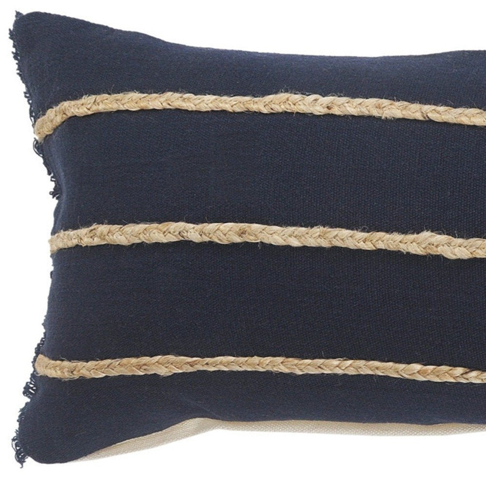 14" X 36" Navy Blue And Tan Cotton Striped Throw Pillow with Fringe