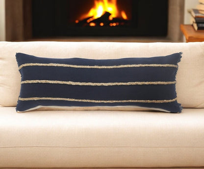 14" X 36" Navy Blue And Tan Cotton Striped Throw Pillow with Fringe