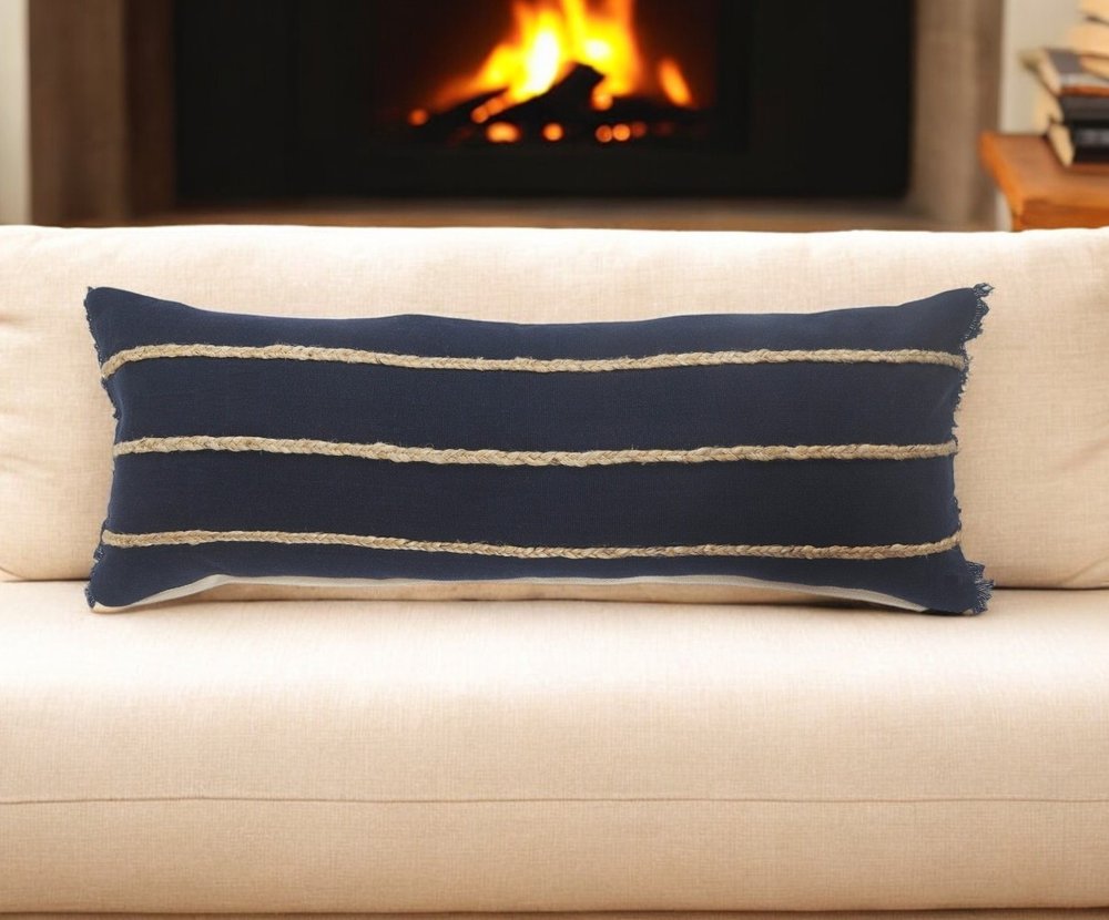 14" X 36" Navy Blue And Tan Cotton Striped Throw Pillow with Fringe