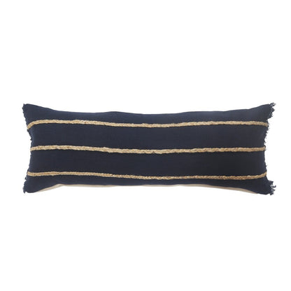 14" X 36" Navy Blue And Tan Cotton Striped Throw Pillow with Fringe