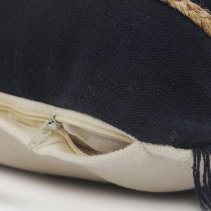 14" X 36" Navy Blue And Tan Cotton Striped Throw Pillow with Fringe