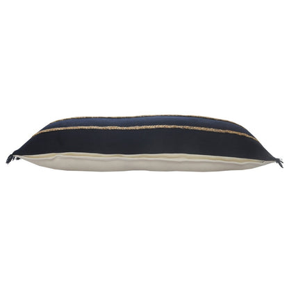 14" X 36" Navy Blue And Tan Cotton Striped Throw Pillow with Fringe