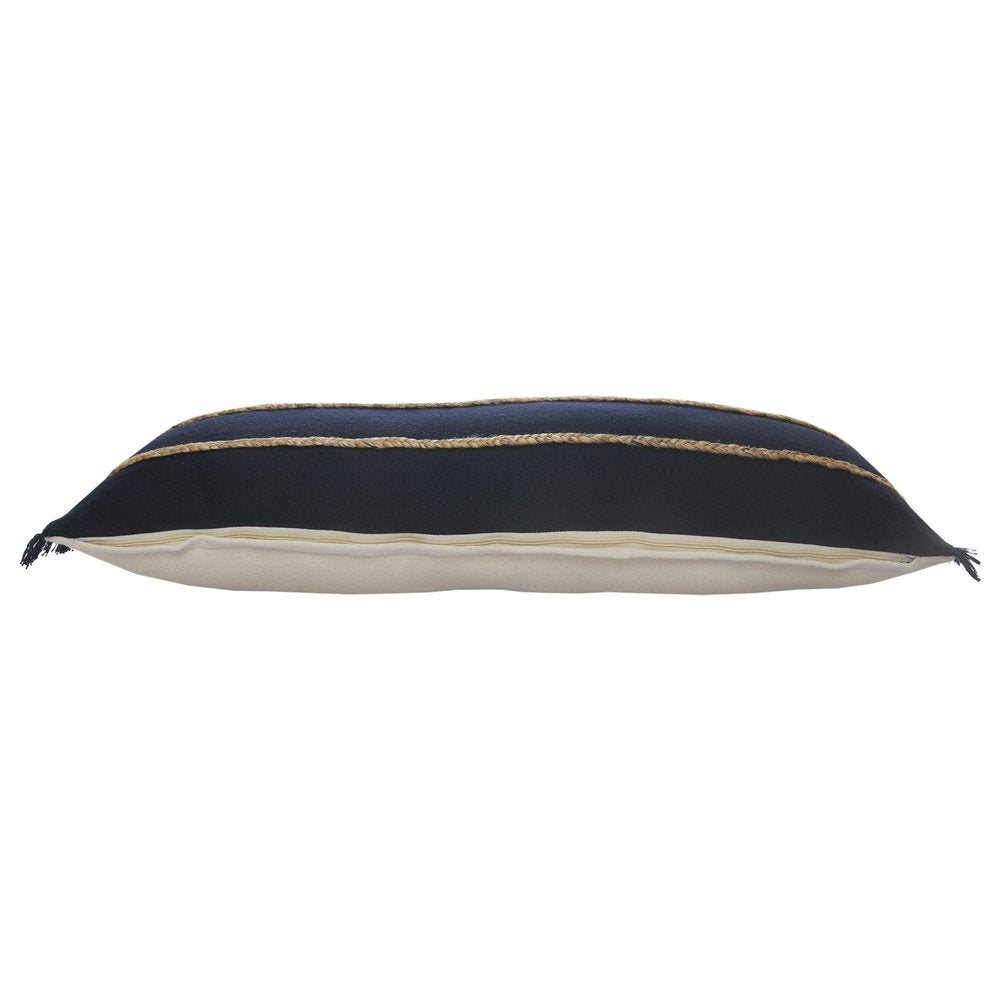 14" X 36" Navy Blue And Tan Cotton Striped Throw Pillow with Fringe