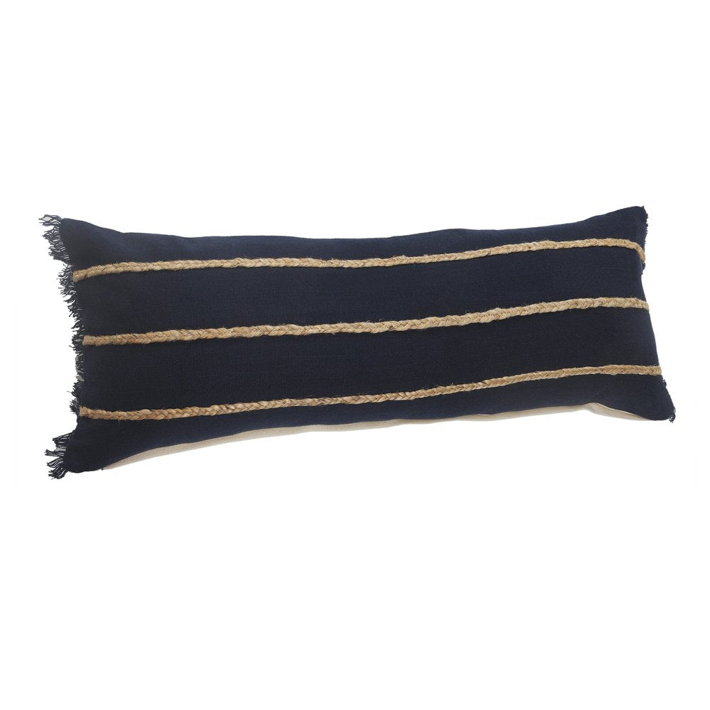 14" X 36" Navy Blue And Tan Cotton Striped Throw Pillow with Fringe