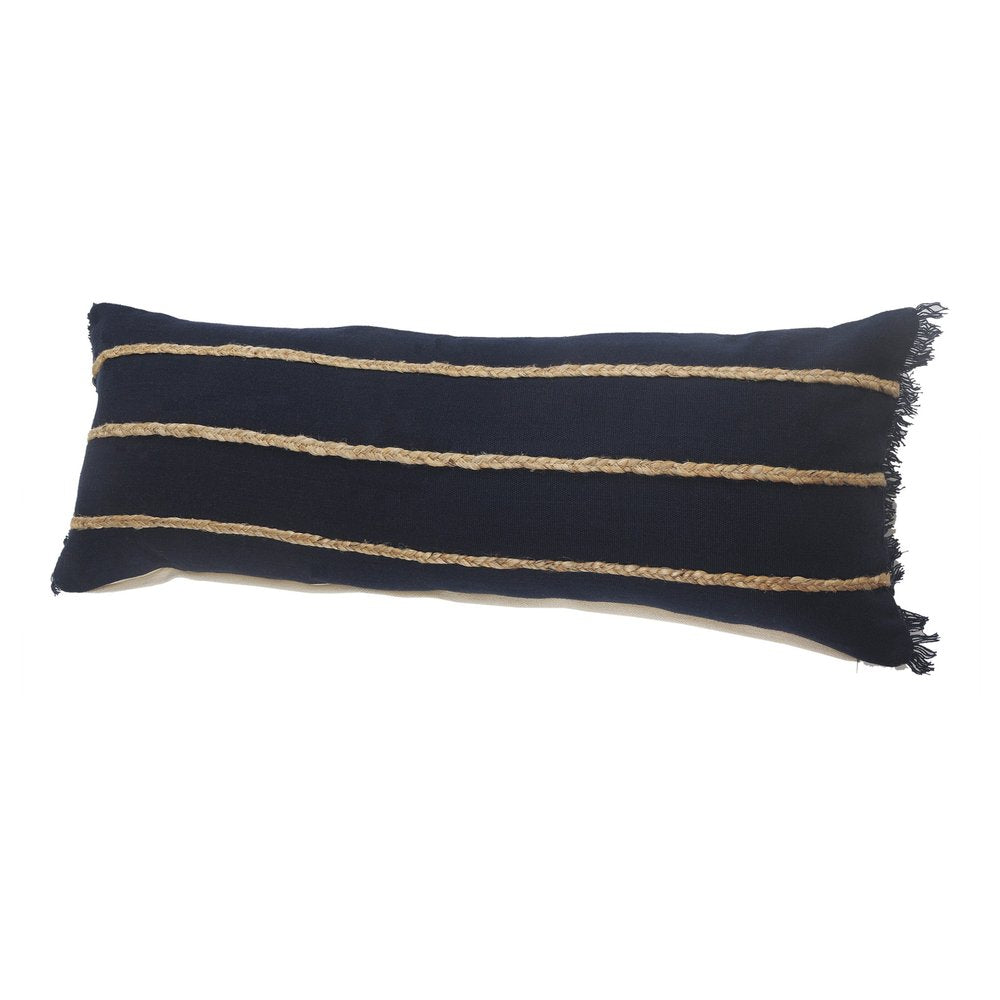 14" X 36" Navy Blue And Tan Cotton Striped Throw Pillow with Fringe