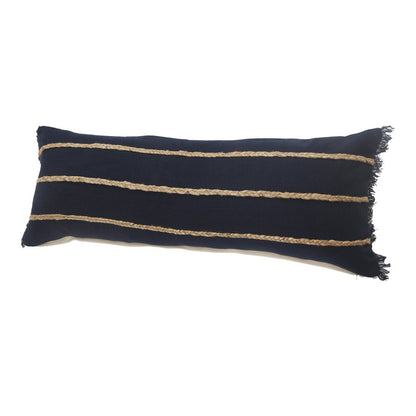14" X 36" Navy Blue And Tan Cotton Striped Throw Pillow with Fringe