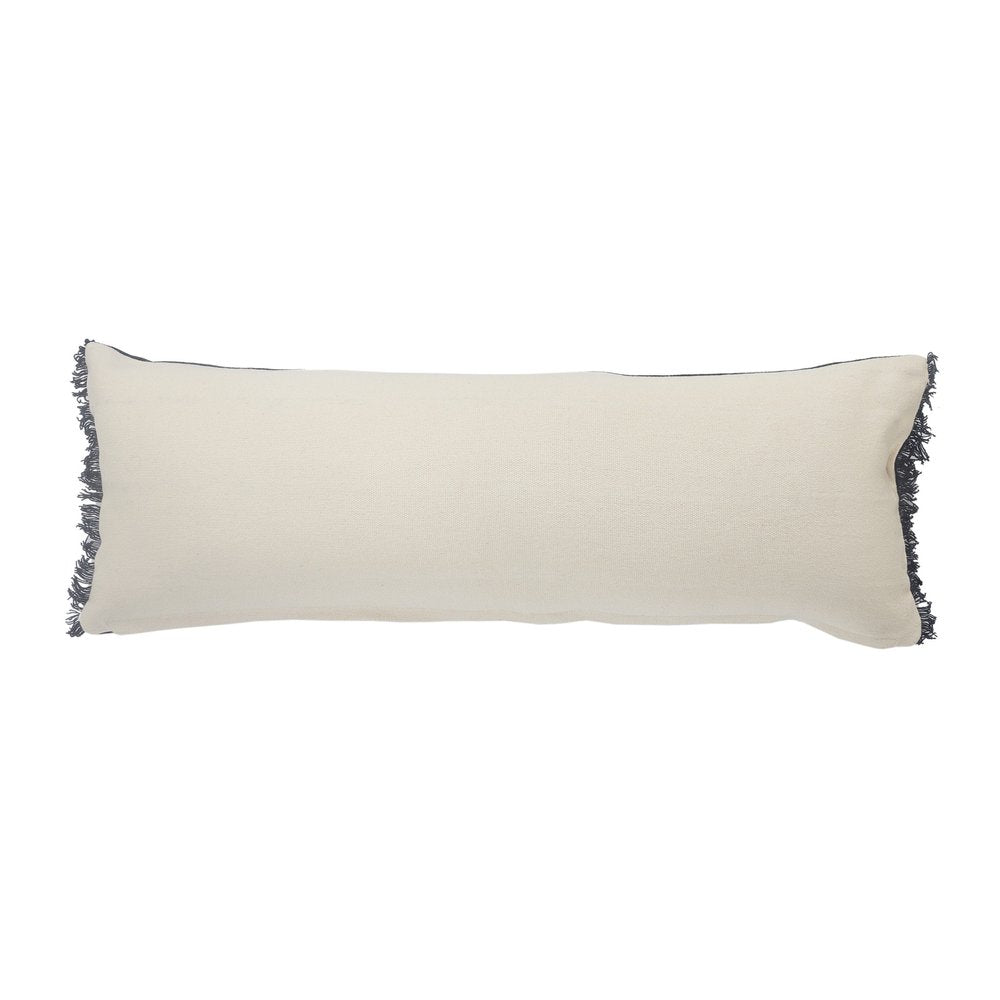14" X 36" Navy Blue And Tan Cotton Striped Throw Pillow with Fringe