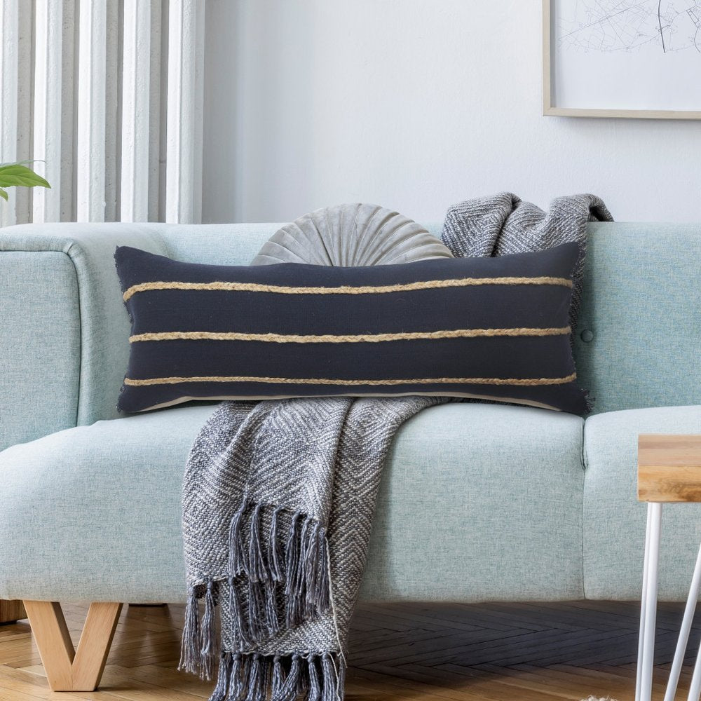 14" X 36" Navy Blue And Tan Cotton Striped Throw Pillow with Fringe
