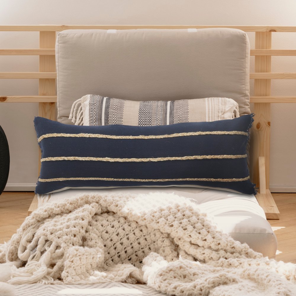 14" X 36" Navy Blue And Tan Cotton Striped Throw Pillow with Fringe