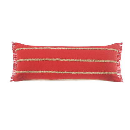 14" X 36" Navy Blue And Tan Cotton Striped Throw Pillow with Fringe