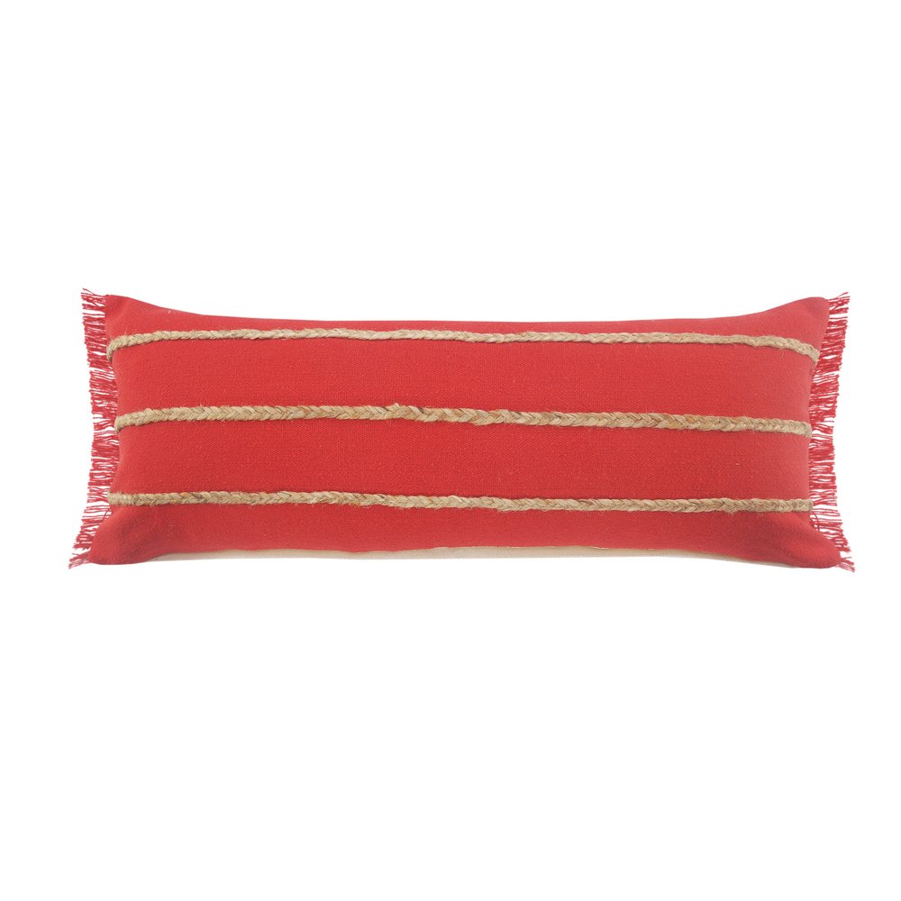 14" X 36" Navy Blue And Tan Cotton Striped Throw Pillow with Fringe