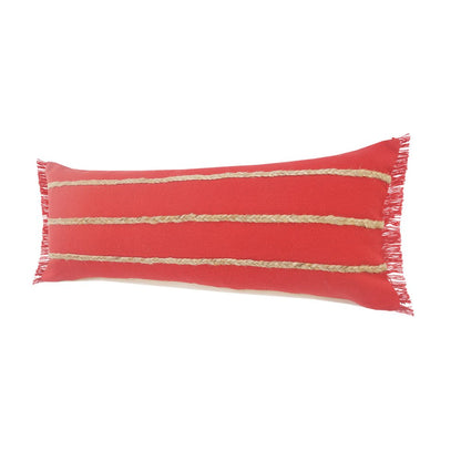 14" X 36" Navy Blue And Tan Cotton Striped Throw Pillow with Fringe