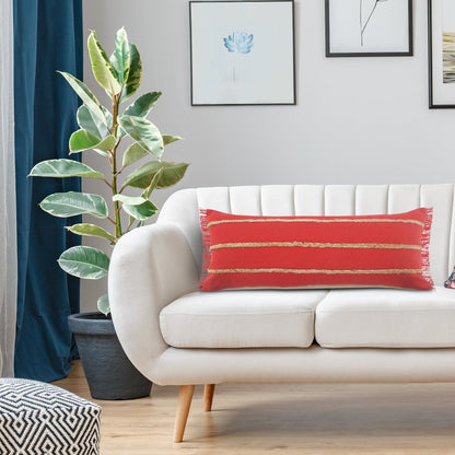 14" X 36" Navy Blue And Tan Cotton Striped Throw Pillow with Fringe