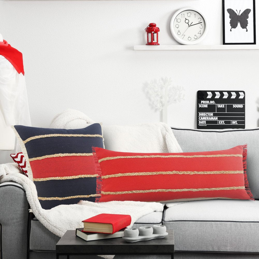 14" X 36" Navy Blue And Tan Cotton Striped Throw Pillow with Fringe