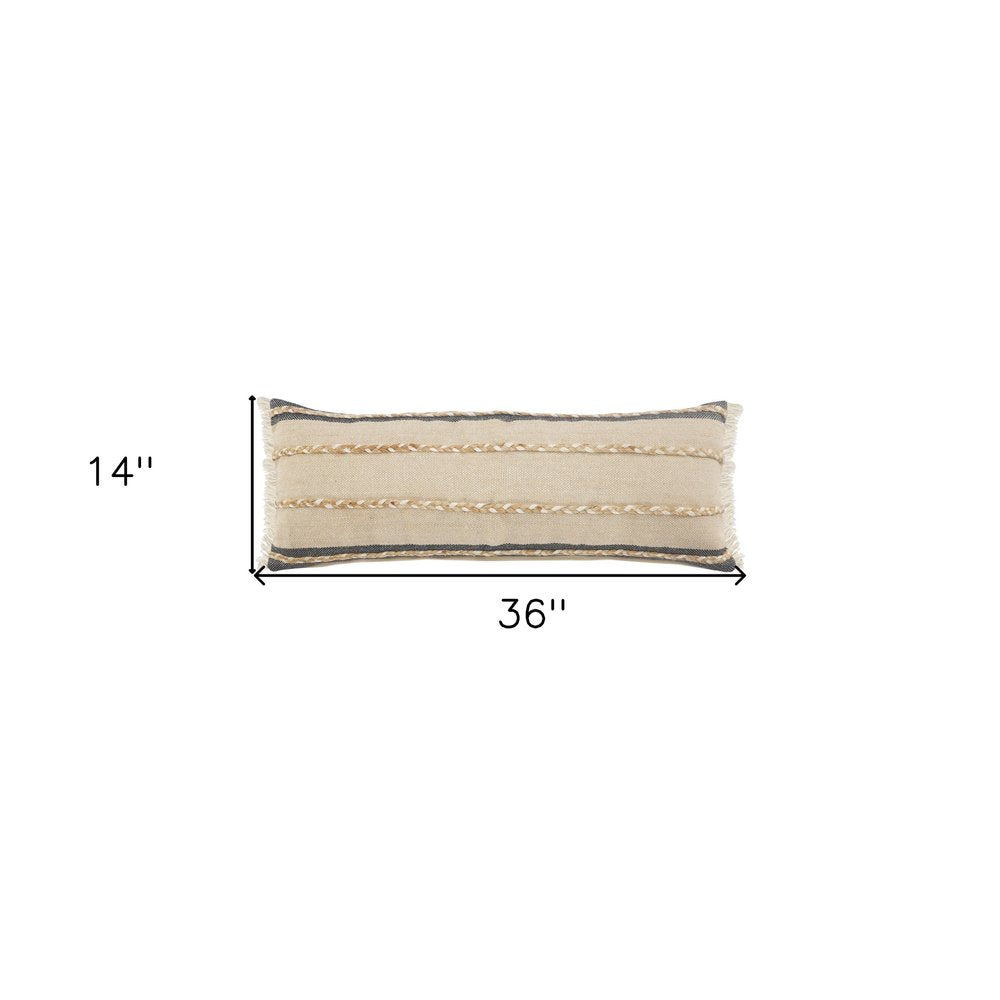 14" X 36" Black Tan And Taupe Jute Striped Zippered Pillow